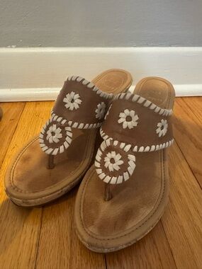 Womens Jack Rogers Marbella Leather Cork Wedge Thong Sandals Size 6 Preppy